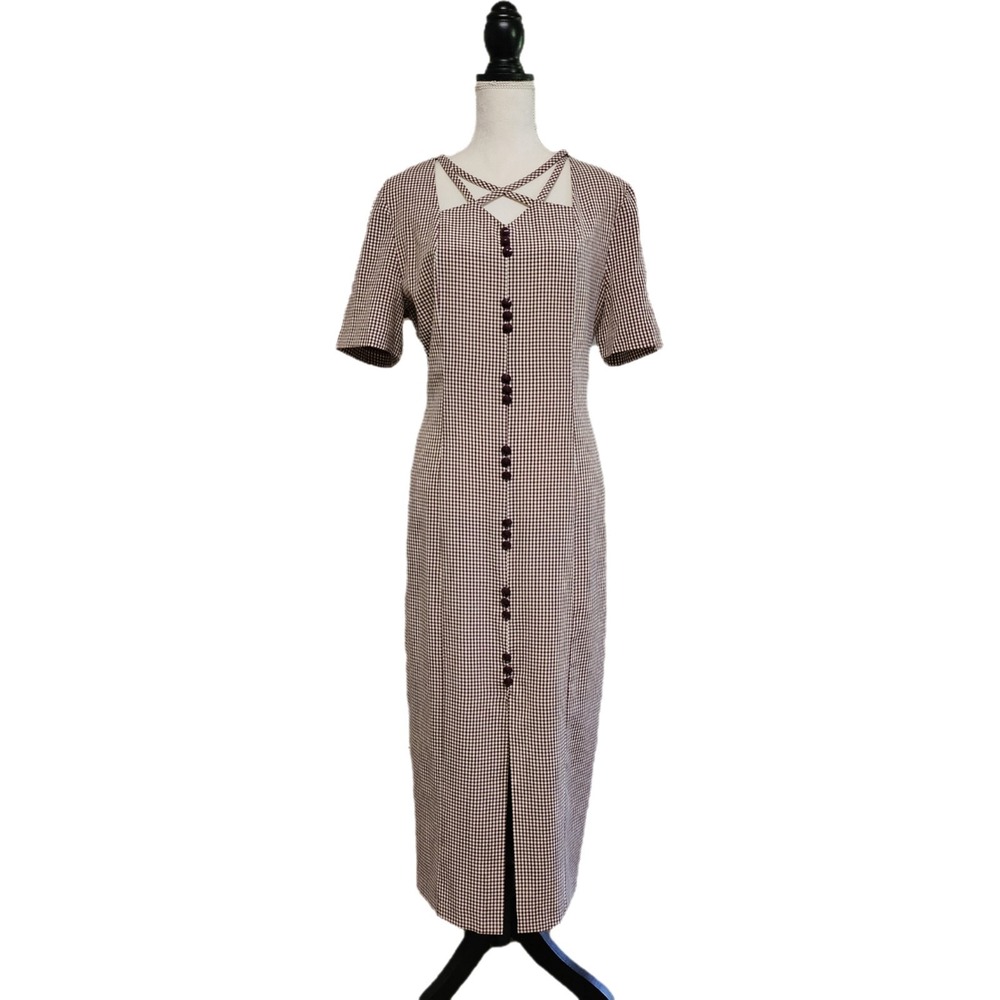 Vintage Kathie Lee Burgundy Gingham Tie Back Maxi Dress Size 12 Academia Preppy